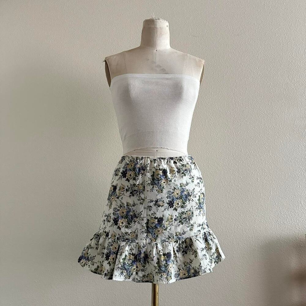 handmade cream & green floral ruffled mini skirt